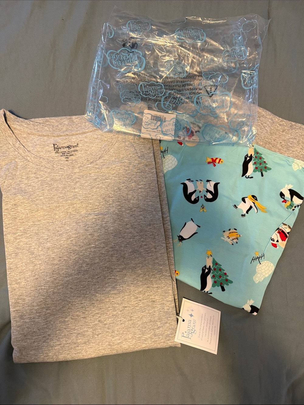 NWT Pajamagram Adult Unisex Men XL  2-Piece Grey & Light Blue Penguin Pajama Set